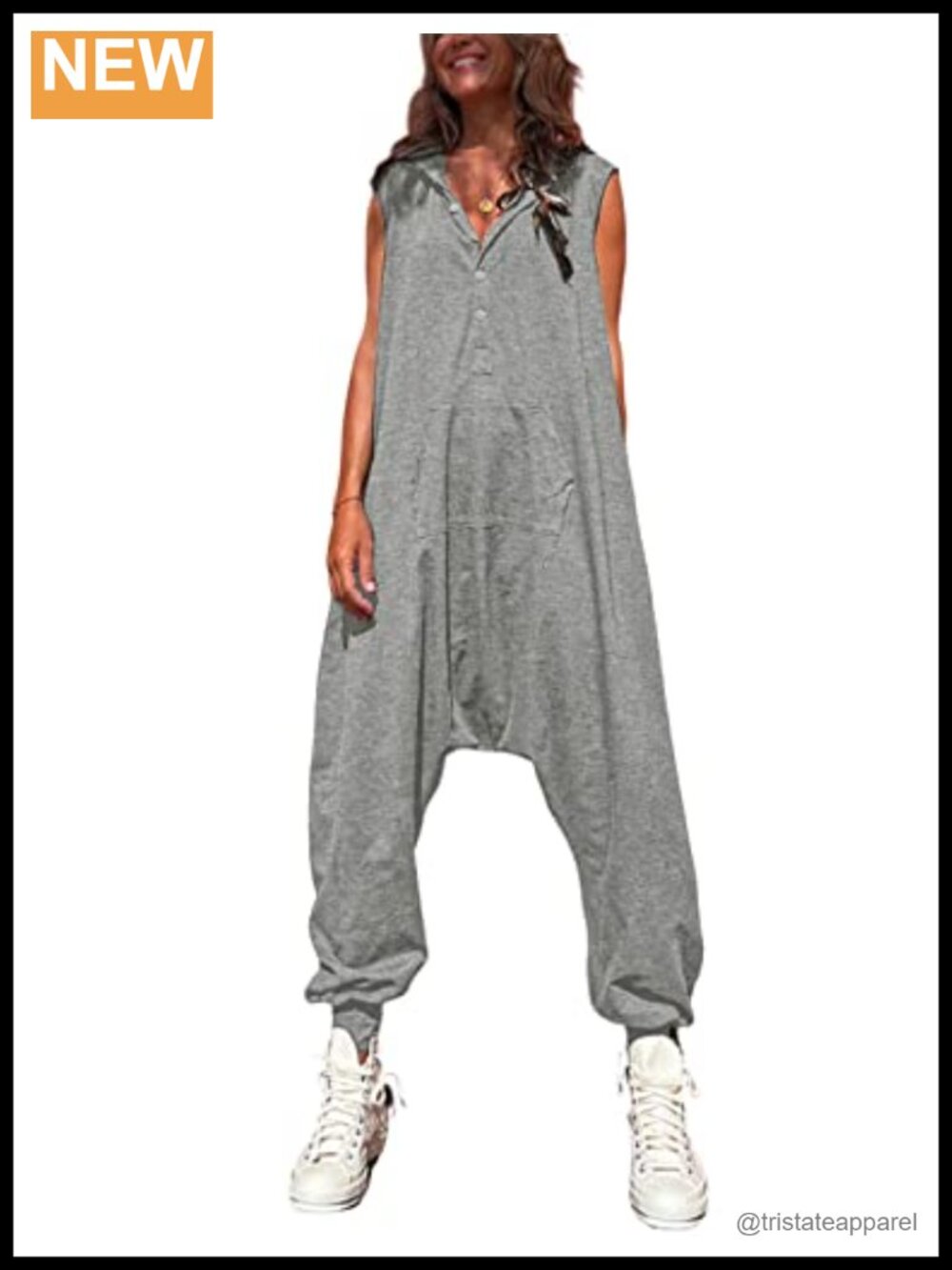 Sleeveless Hooded Jumpsuit Long Harem Pants Romper with Pockets